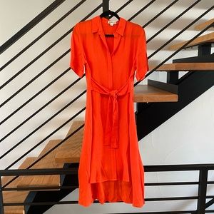 Whistles Belted Tie Shirt Dress in deep orange clementine color